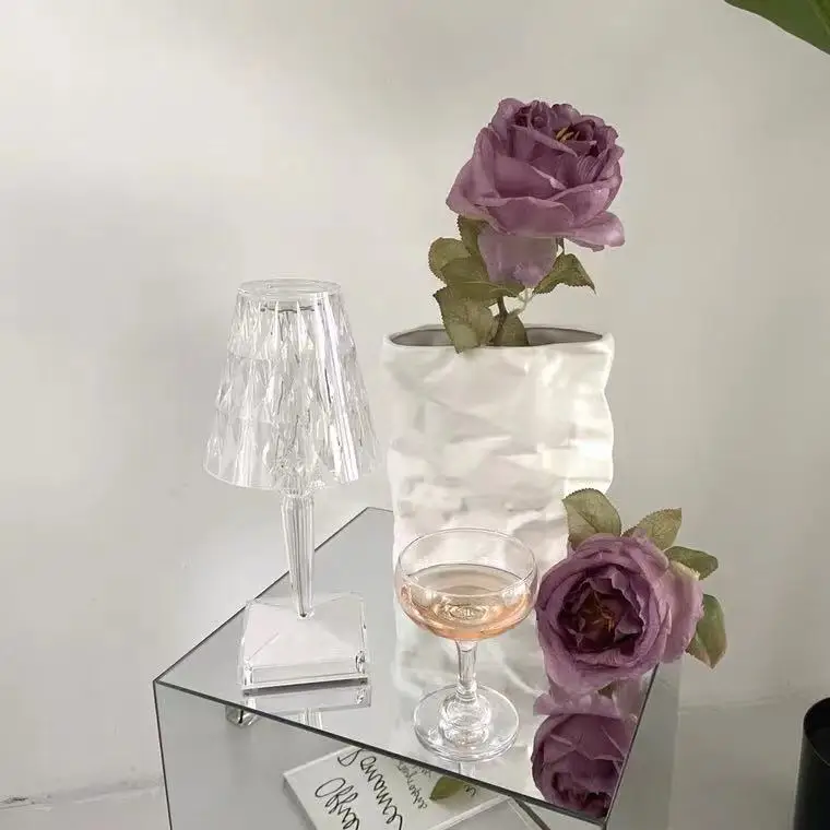 Vase Wrinkled Paper Bag Vase Low Temperature Ceramic Flower Pot For Ornaments Home Garden Tabletop White Vases Jarrones