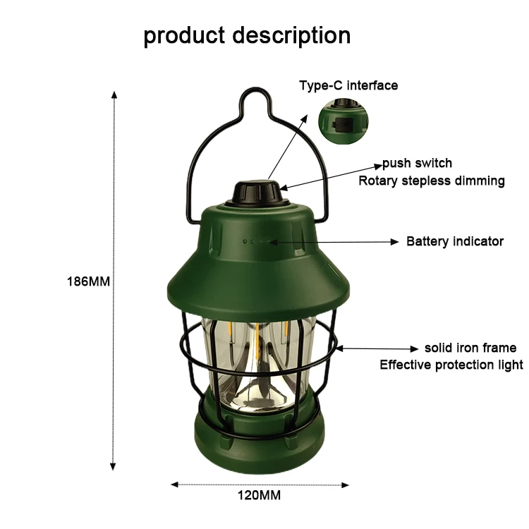 Portable Tent Vintage Lamp USB Rechargeable Water Proof Retro Outdoor LED Camping Light Lantern