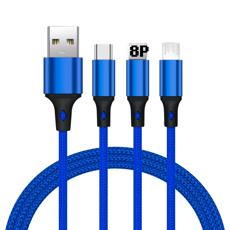 Free Sample 1.2m 3ft Nylon Braided USB Charging Cable 3 in 1 Micro 8Pin Type C Cable Data Charger Cable for phone