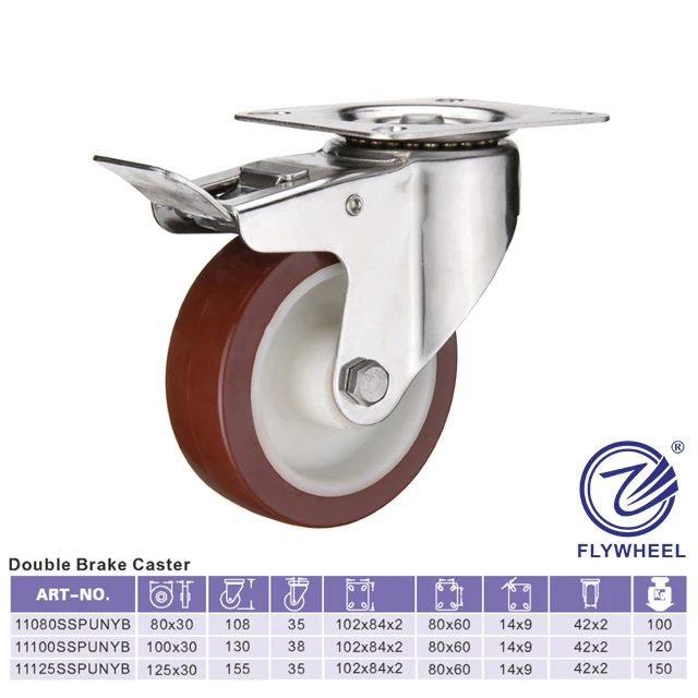 Total brake stainless steel industrial castor plate swivel caster wheel 3 / 4 / 5 inch Nylon core PU solid trolley wheel