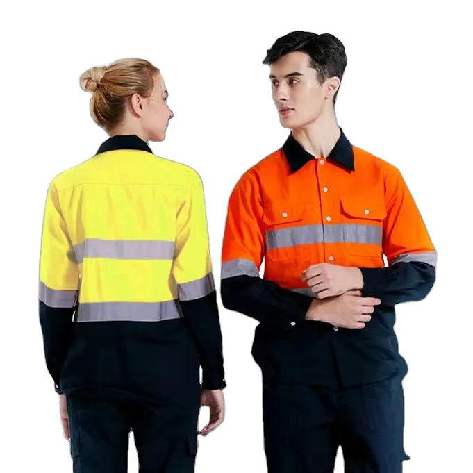 Mens Hi Vis Work Shirt Fluorescent Yellow Navy Cotton Workwear Short Sleeves Work Shirts