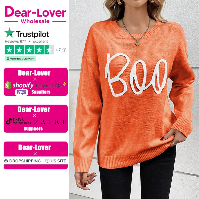 Dear-Lover Winter Fall Clothes Halloween Boo Knitted Pattern Ribbed Edge Drop Shoulder Sweaters For Women
