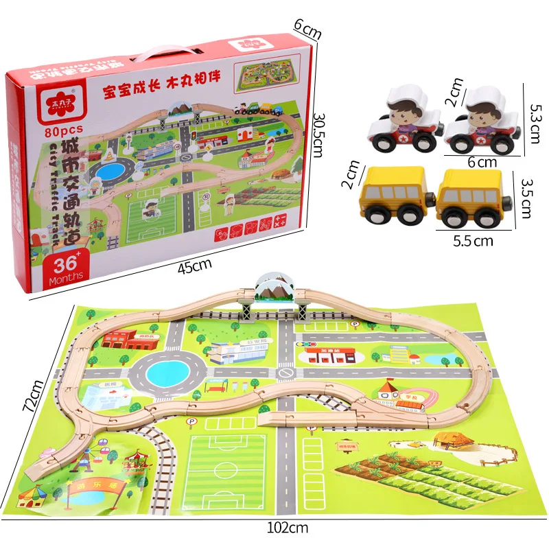 Deluxe Unisex Train Set with 80 Piece Wooden Railway Toys & Plastic Rail Overpass Train Track Accessories for Kids