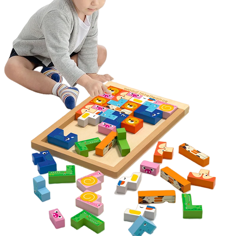 Unisex 3D Puzzle Board Toy Creative Wooden Animal Stacking Block Toy Matching Blocks Puzzle Game Children 5 7 Years Educational