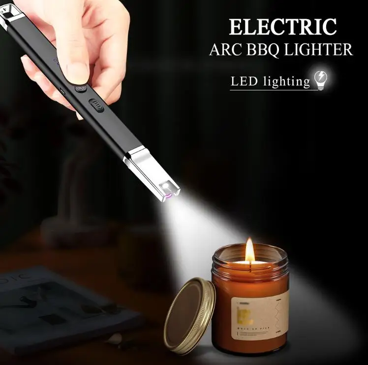 USB lighter Rechargeable Windproof Flamesless Long Arc Lighters BBQ Camping Arc Lighters with Led Light