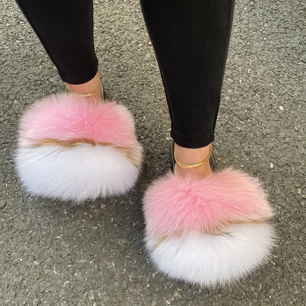 
Wholesale Custom Logo Outdoor ladies Slides Colorful 100% Fluffy Fox Fur Slipper For Women 