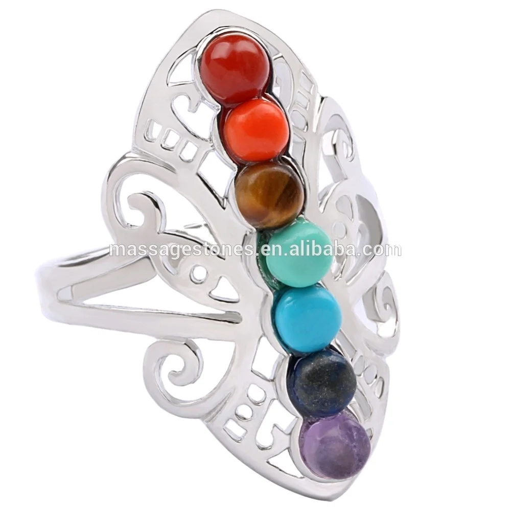 7 Color Chakra Stones Healing Silver Rings Lapis Lazuli/Yellow Tiger Eye/Red Jasper Carved Rings