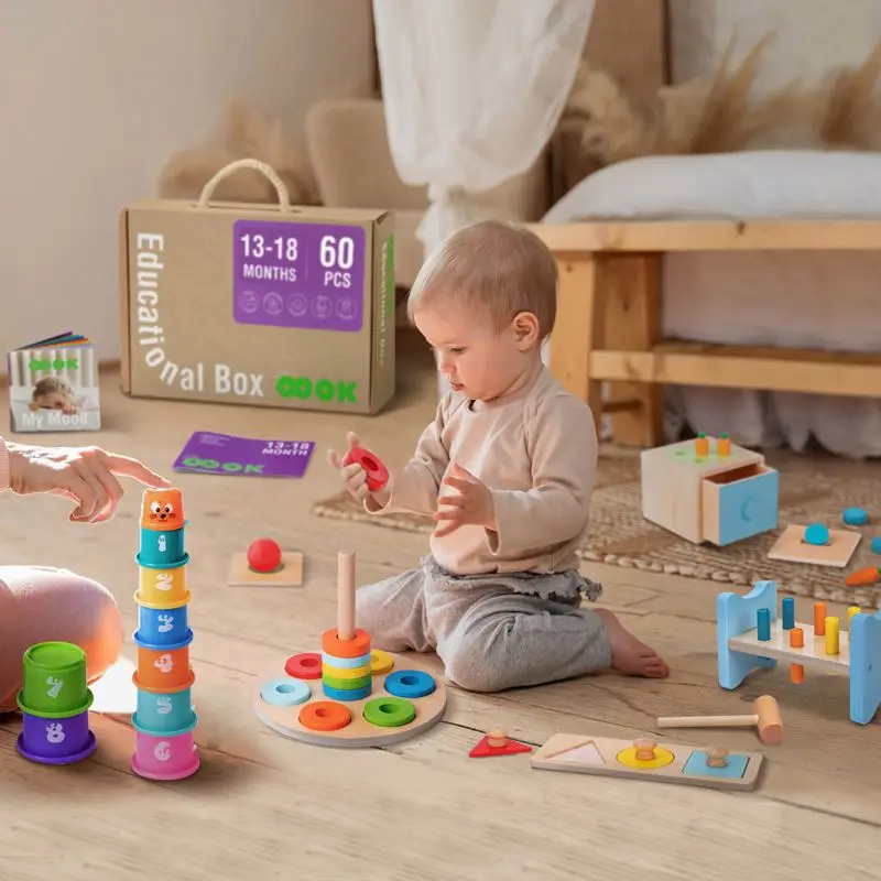 Montessori 3 in 1 wooden toy set shape puzzle Stacking toy building blocks tower 13-18 month hammer beating toys Educational Box
