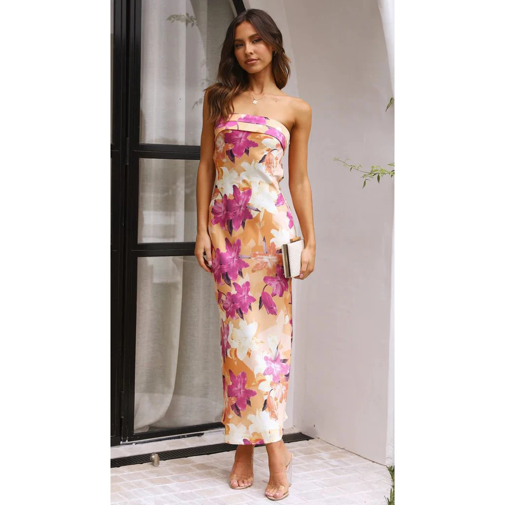 European And American 2024 Spring And Summer New Style Elegant Lady Satin Backless Tube Top Printed Dress
