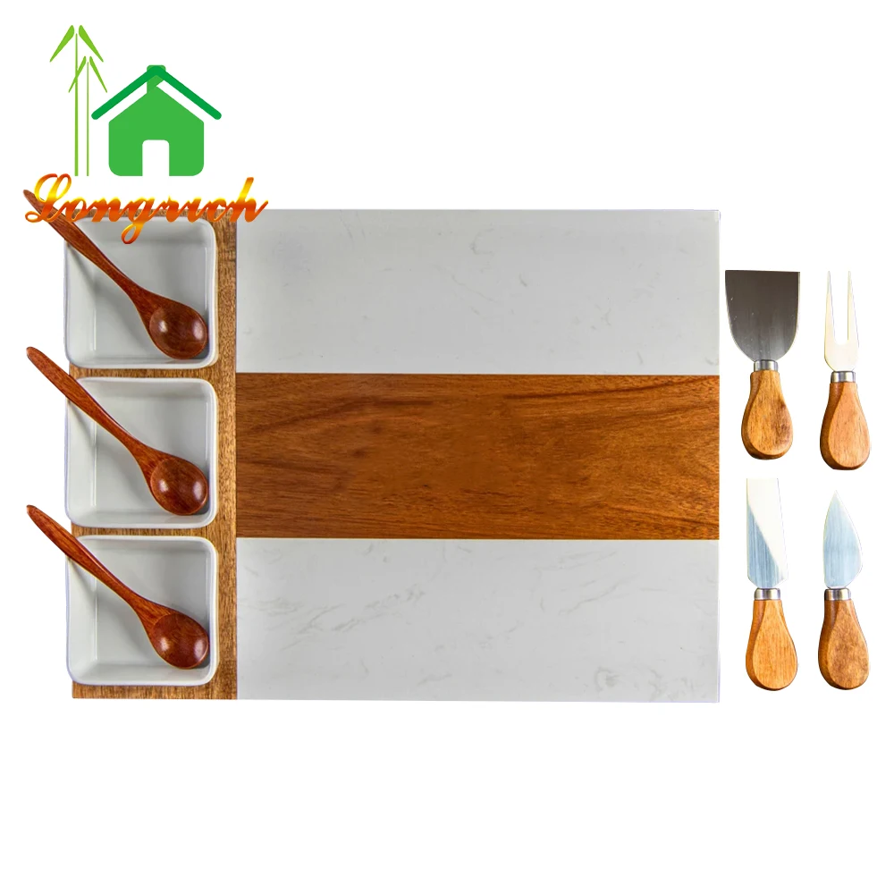 Custom Wooden And Marble Cheese Board Acacia Charcuterie Board With Cheese Knife Spork Set And Ceramic Bowl