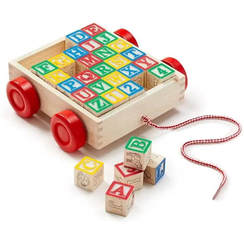 Classic Wooden Alphabet Block Wagon Educational Toy for Preschool Kids Pull Game