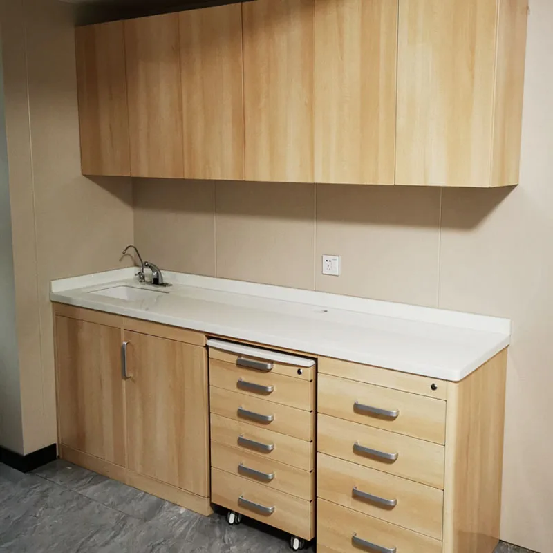 Bacteriostatic dust proof modern european style portable dental lab wall cabinet wooden color dental office cabinet with sink