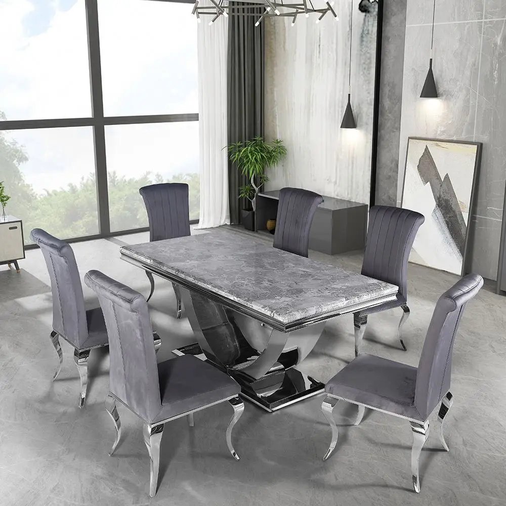 Villa Restaurant Furniture 6 Seater Dining Table Chairs Set Stainless Steel Home Marble Top Dining Room Set