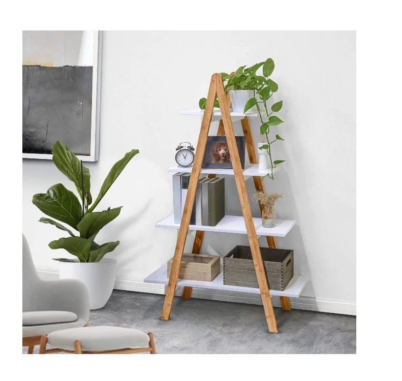 Bamboo Storage Shelf MDF Ladder Shelf  4-Tier rack