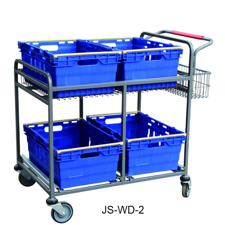 Tesco Style online shop warehouse handling picking trolley with  6 or 4 or 2 plastic bins