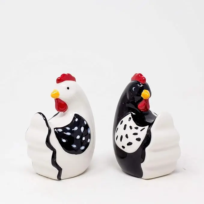 Ceramic Farmhouse Rooster Salt & Pepper Shakers, Hand-painted Ceramic Set of 2