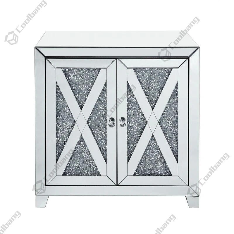 Diamond Buffet Floating Crushed Crystal Mirrored Sideboard with Handles