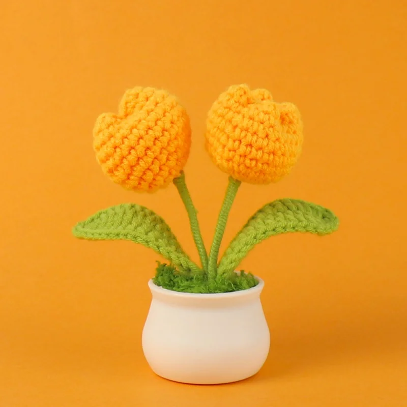 H132 Hand-woven Finished Simulation Flowers Double-headed Tulips Potted Plants Home Decoration Desktop Ornaments Woolen Flowers