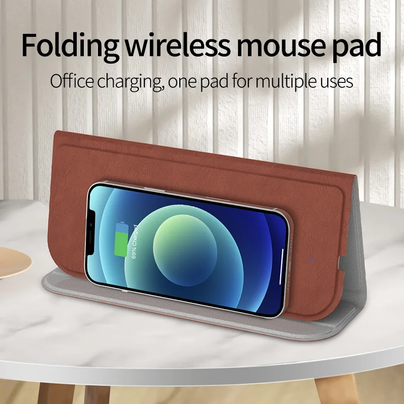 Customize Pu leather 5W 7.5w 15w Fast Qi wireless charging mouse pad Foldable Wireless Charger mouse pad Stand