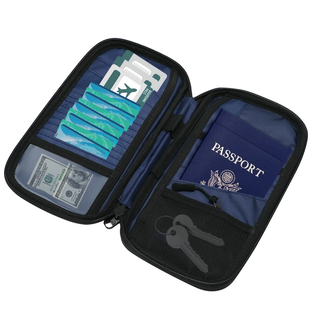 Multi-Purpose Lightweight Family Travel Document Organizer RFID Passport Holder Wallet with Zipper Closure and Small Pockets