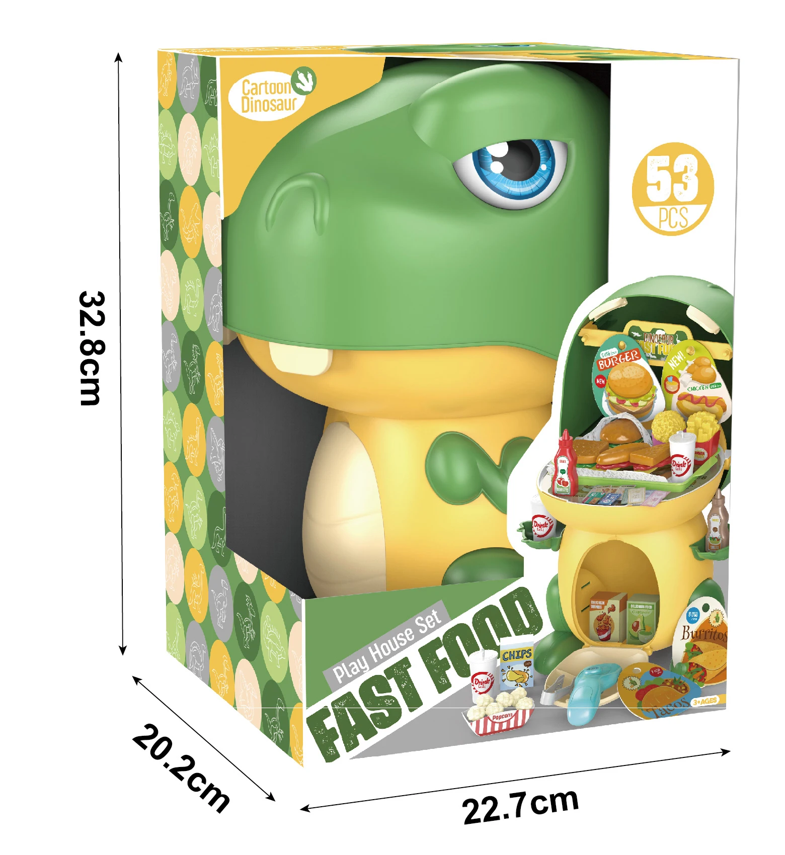 2022 Kids Play Kitchen Pretend Play Set Toys 2 in 1 Cartoon Dinosaur Fast Food 53 PCS Kitchen Accessories Plastic Kitchen Toys