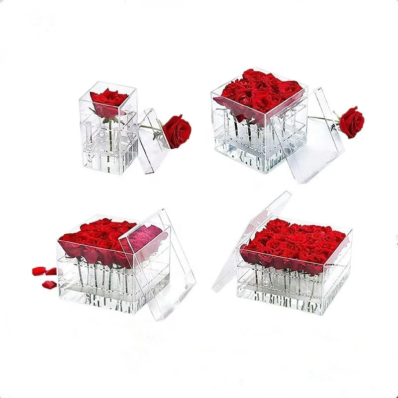Hot Sale Customize 1 9 16 25 Holes Square Clear Acrylic Flower Storage Boxes Acrylic Rose Gift Boxes With Lid