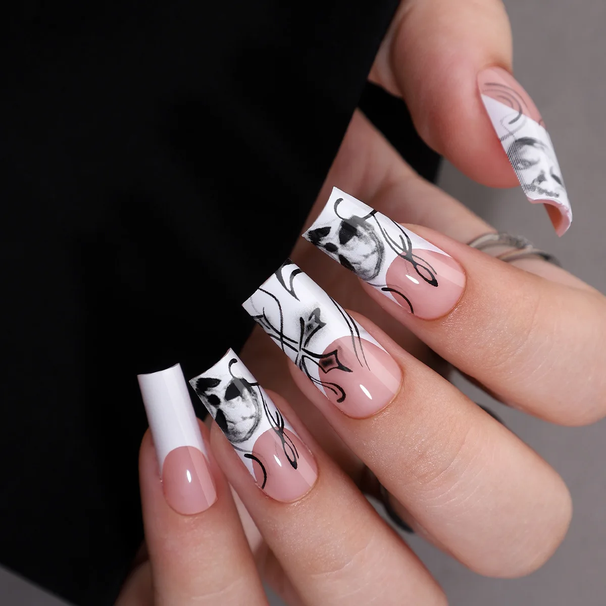 Xianxing Beauty Spider Web Skeleton Ghost Face Long Square French Fingernails Press On Nails