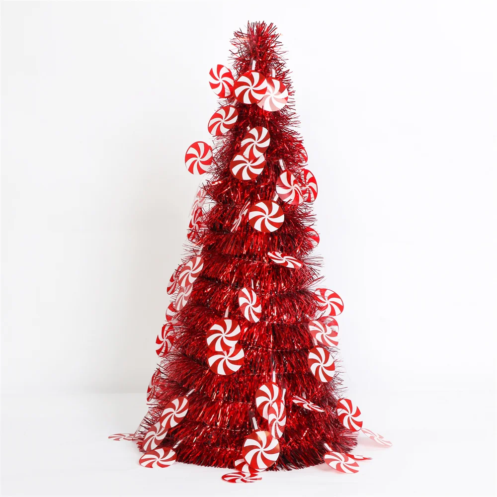 Wholesale party supplies Christmas 48cm Christmas PET tinsel tower tree with lollipop ornaments