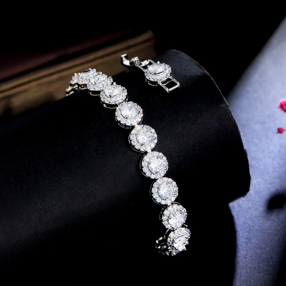 Glittering Round Iced Out Cubic Zircon Pave Silver Color Women Wedding Bridal Engagement CZ Tennis Bracelet for Brides Jewelry