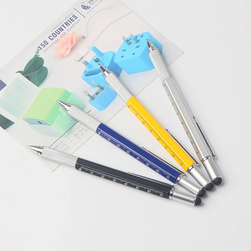 6 в 1 Многофункциональный спиртовой уровень отвертка ручка инструмент Стилус ручка и линейка металлическая шариковая ручка