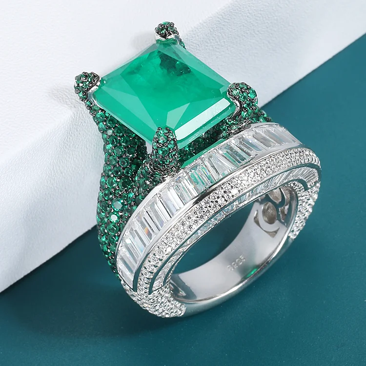 Luxury S925 Sterling Silver Emerald Ring Jewelry Full Cubic Zirconia Big Green Stone Rings Turkish Jewelry Set