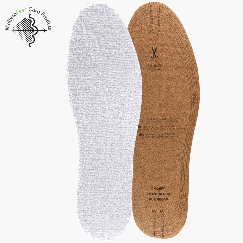 Mollyto Natural cork full length cotton terry cloth sweat absorb shoe insole for sweaty feet