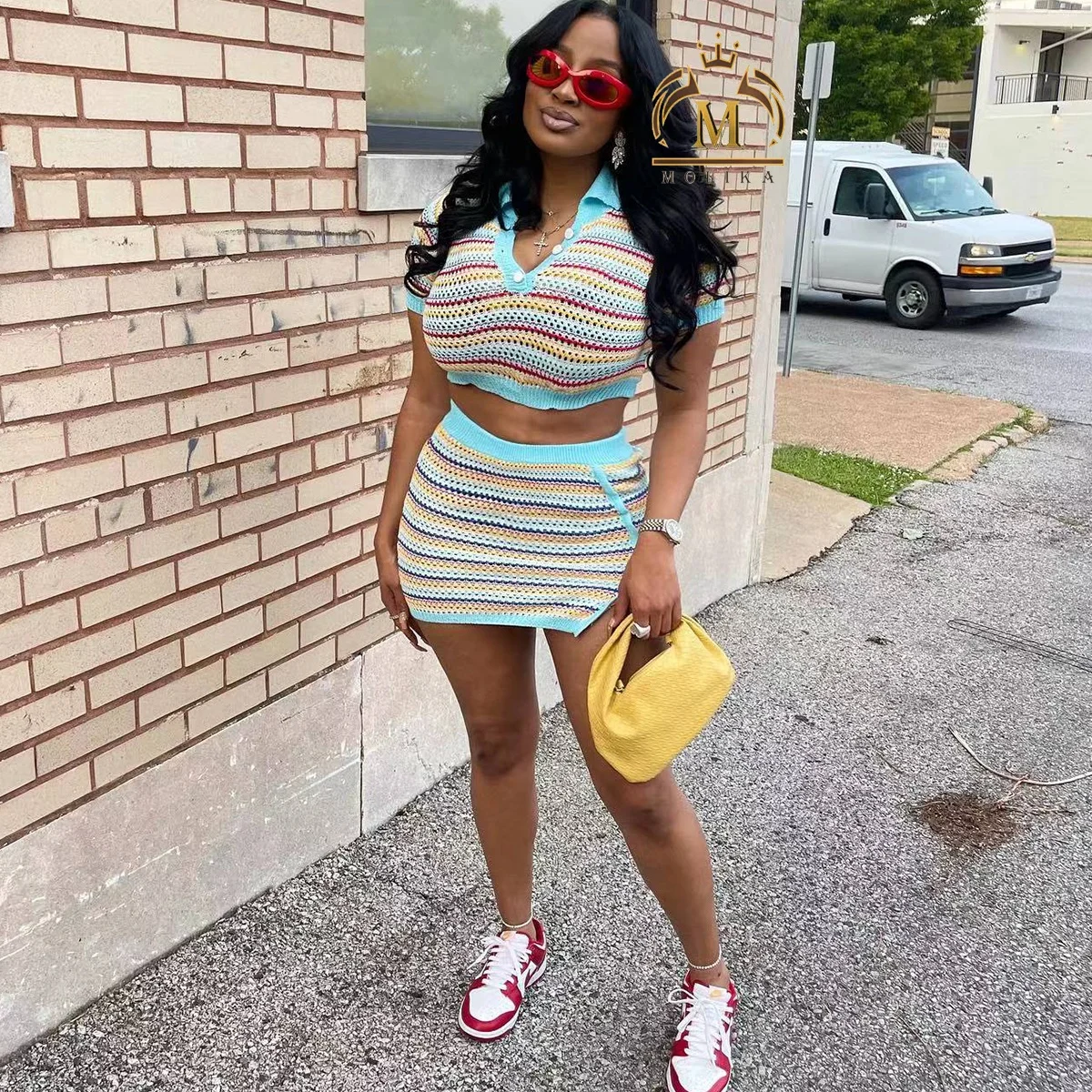 High Quality Knit Sexy Women Two Piece Set Striped Short Sleeve Crop Tops+Mini Split Skirts Stretch Matching Streetwear Outfits