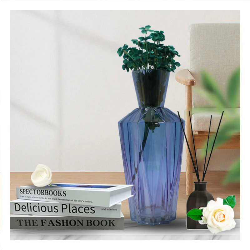 Amazon Hot Sale Fashion  Wholesale  High Quality Fashion Mouth Blown 100% Handmade blue glass ikebana  vase