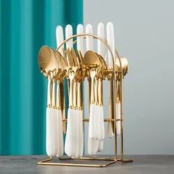 High quality 24 pcs gift gold flatware set ceramic handle stainless steel cutlery with holder