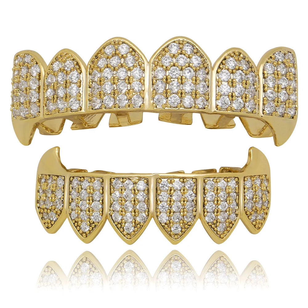 Custom 18K Real Gold Plated Micro Pave CZ Dental Grills 8 Top and 8 Bottom Iced Out Grillz Hip Hop Bling Diamond Teeth Grillz