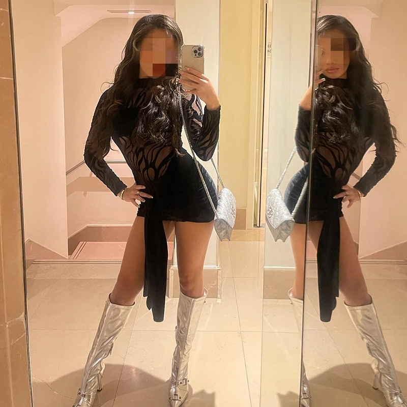 D23ds241 Autumn Winter 2024 New Zebra Striped Patchwork Mesh O-neck Long Sleeve Sexy Mini Dress Bodycon Clothes For Women