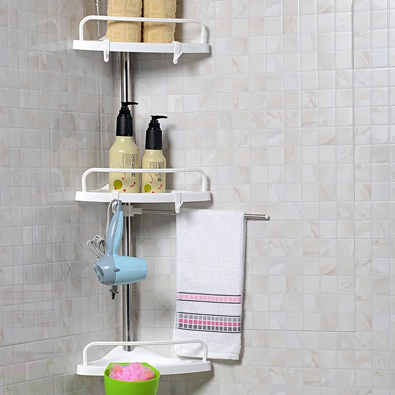 4 Tier wall mounted Telescopic Bathroom Corner Shower Caddy PP plate in white color bathroom shelves   with  a hanging rod