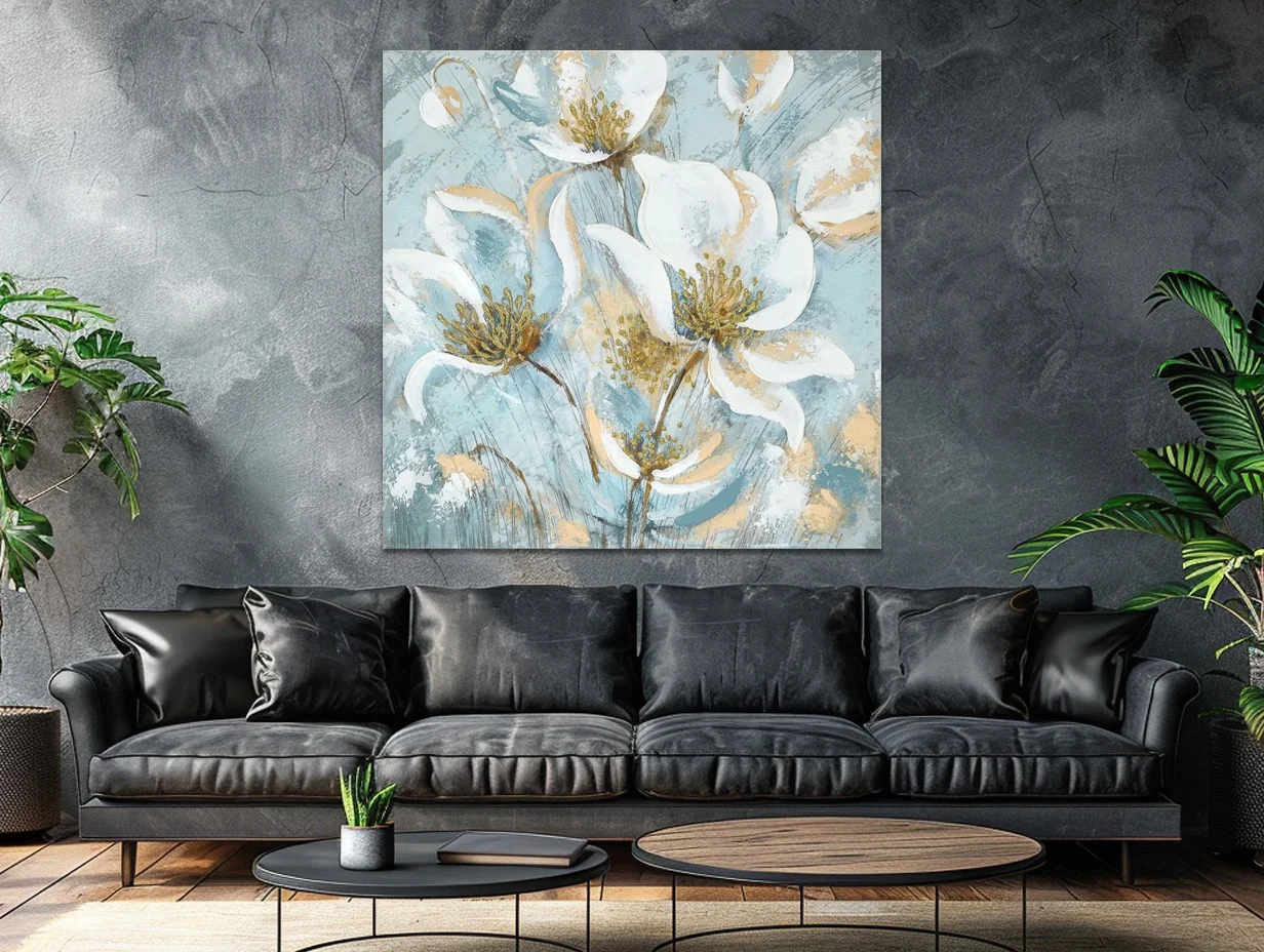 Modern Simple Original Glorious Blooms Light Blue Flower Hand-painted Texture Thick Oil Abstract Living Room  Wall Art