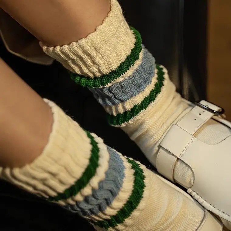 Men Striped Retro Coarse Old School Thermal Vintage Cotton Double Needle Streetwear Crew Sport Socks