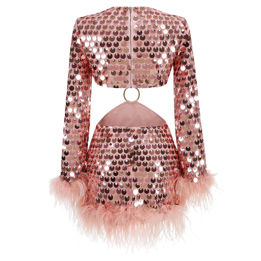 SR2295 Long Sleeve Sexy Hollow Out Mini Dress Luxury Dress With Crystal Sequin Sexy Sequin Feather Evening Dresses