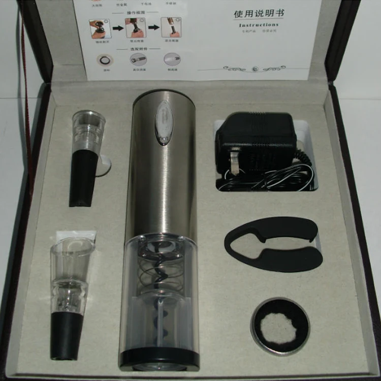 Rechargeable Stainless Steel Electric Wine Bottle Corkscrew Opener Set with Foil Cutter Pourer and Decanter Stopper