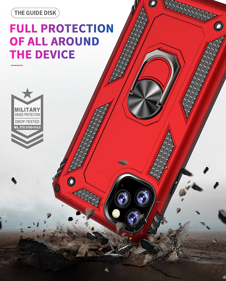 
Military Protective Armor Phone Cover for iPhone 11 Pro Max, TPU PC Magnet Phone Case with Rotating Ring Holder 