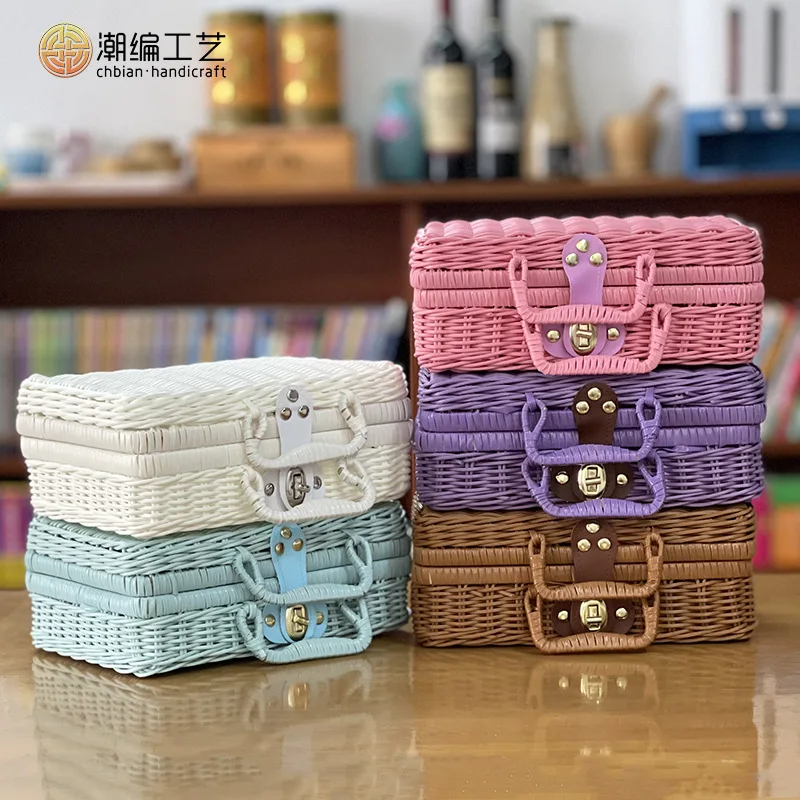 Cosmetic organizer Rattan suitcase Vintage rattan suitcase with hand gift solid PP woven rattan storage box