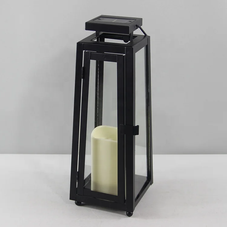 Outdoor Decoration Waterproof Black Metal Patio Hanging Glass LED light Solar Garden Lantern with Plastic Candle