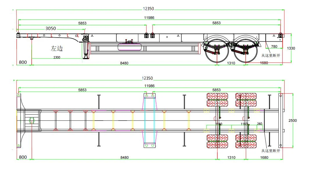 2 Axle 40 ft 40 ton skeleton semi trailer shipping container trailer transport chassis truck with 12 pieces twist lock