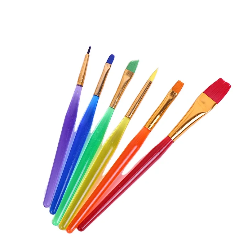 BOMEIJIA 6Pcs Plastic Watercolor Kids DIY Brush Colored Nylon Oil Acrylic Baby Paint Brush Set Art Supplies