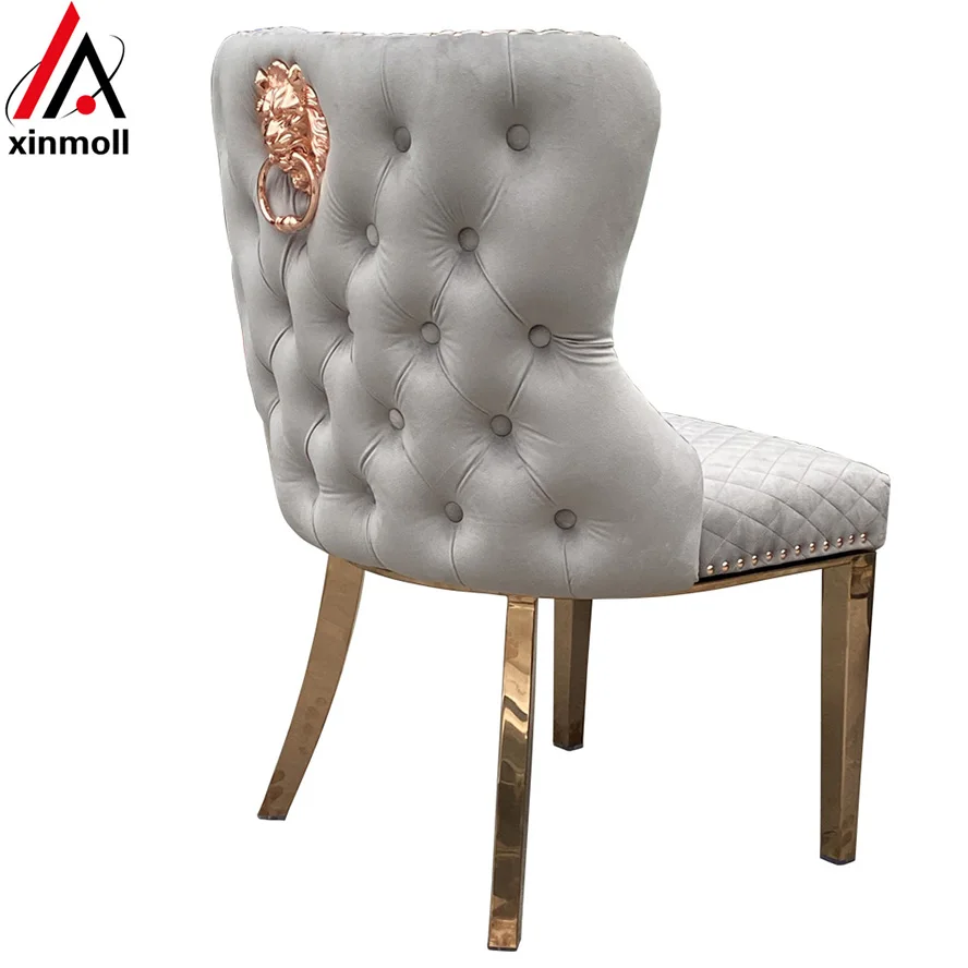 Luxury Salon chair stainless steel Velvet Upholstered Wing-Back Dining Chair with stitching Nailhead Trim & gold chrome legs