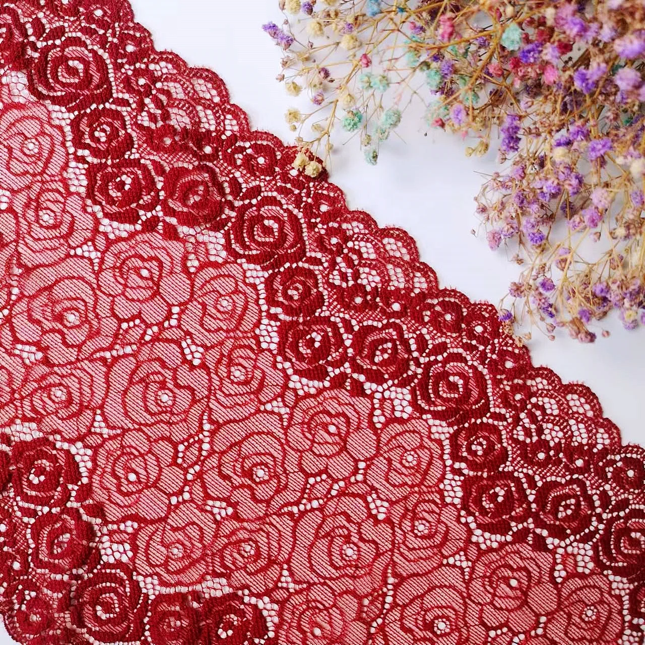 056407 Diy Craft African Dentelle Fabrics Stretch Flower Pattern 20cm Wide Red Elastic Lace Fabric Ribbon Lace Trim Ribbon
