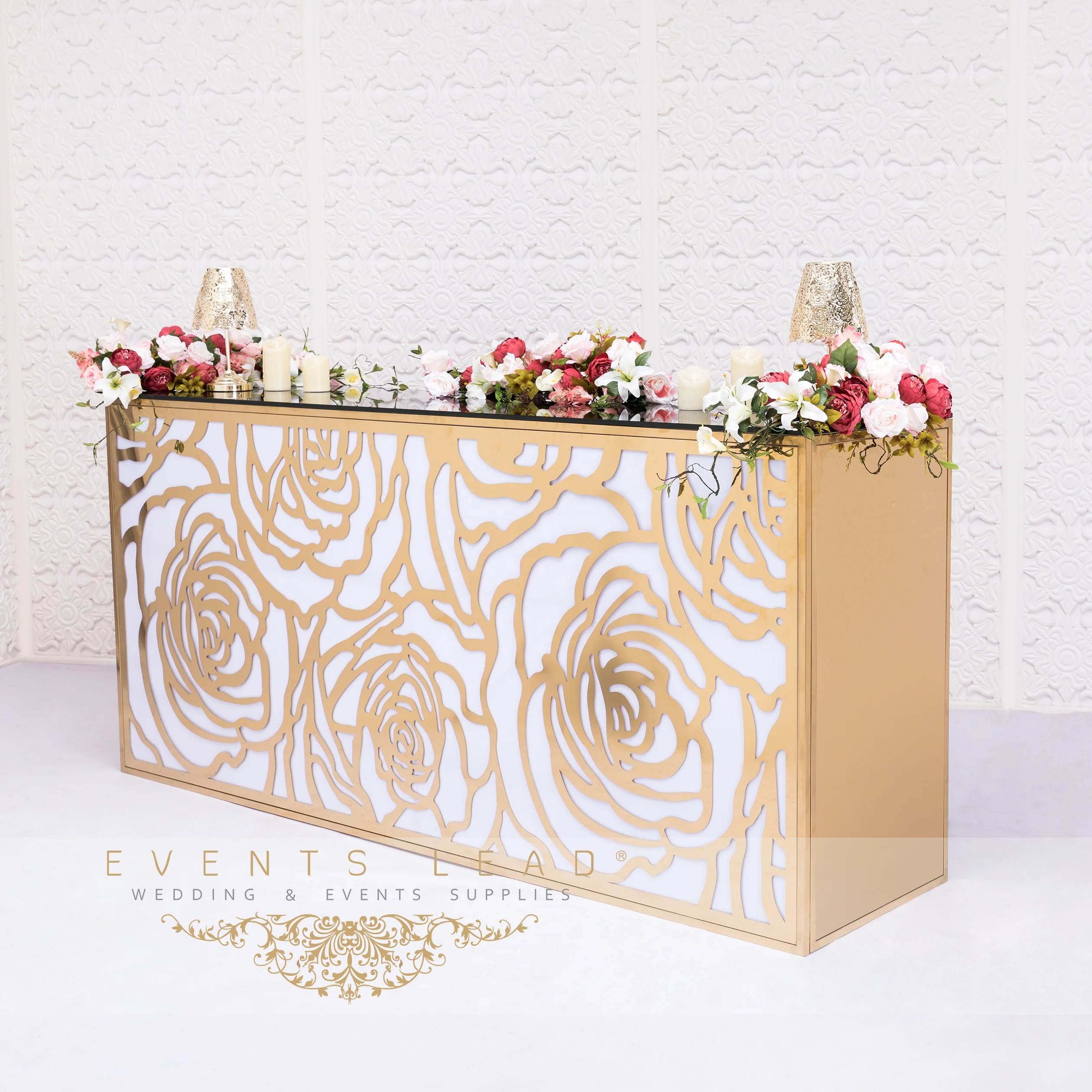 Foldable gold stainless steel flower pattern bar tables cheap outdoor bar counter for home